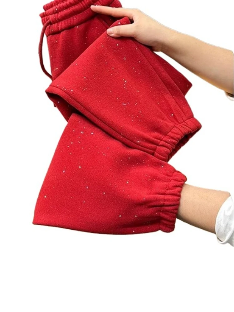 レッドフリース裏地スウェットパンツレディースファッションY2kファインフラッシュハイウエストハーランパンツ冬ルーズ厚く暖かいクロップドパンツ