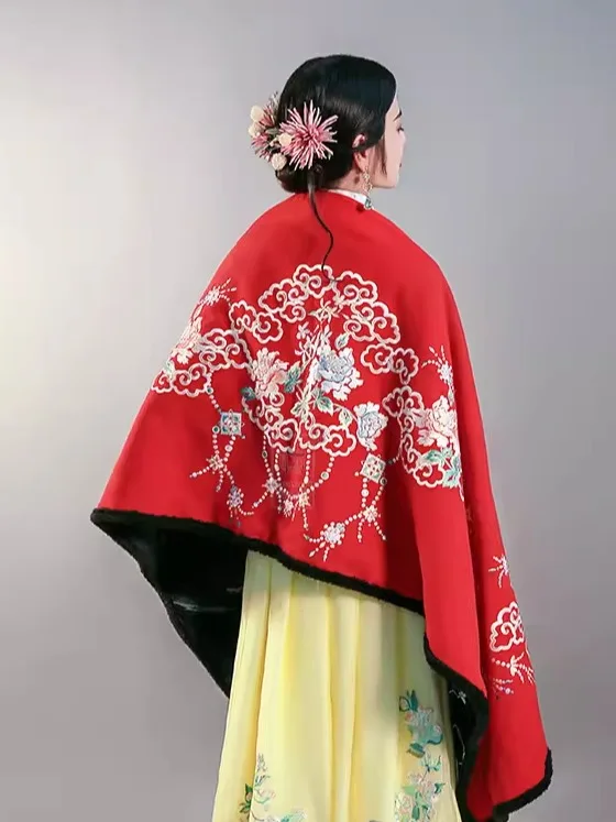 

Double-Sided Embroidered Peaco White Phoenix Peony Autumn Winter Warm Outerwear awl Hanfu Women's Faion Accories