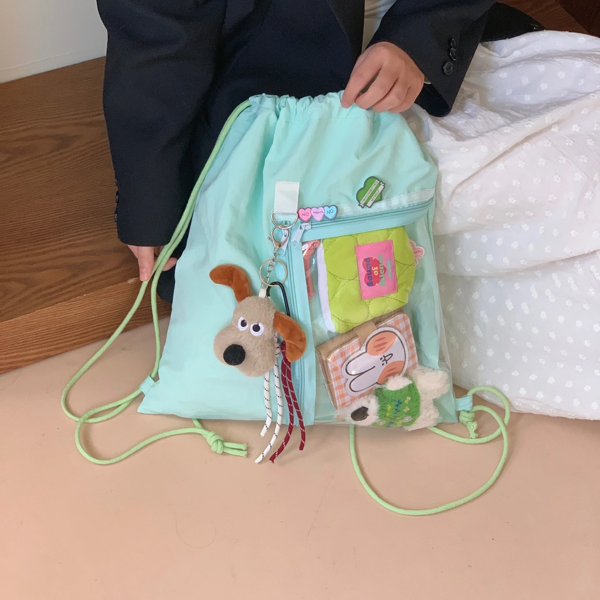 1 large capacity small fresh drawstring backpack transparent storage bundle pocket everything cute bag