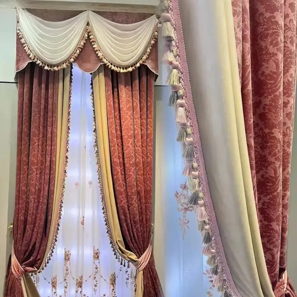 

Custom Rose Jacquard Velvet Thickened Splicing Blackout Curtains for Living Room Bedroom French Window Balcony Villa Valance