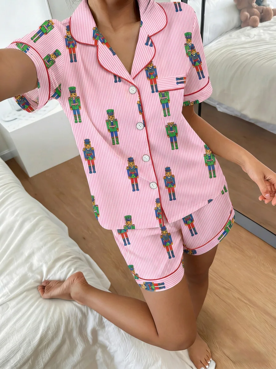 

Women Pajamas Cardigan Lapel Short Sleeve Shorts Two Piece Set Loungewear Spring Summer Stripe Dachshund Print Loose Comfortable