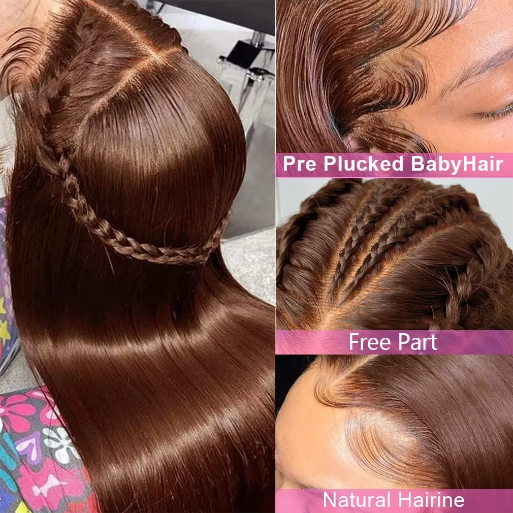 36 38 inch #4 Chocolate Brown 13x4 HD Lace Front Human Hair Wigs Pre Plucked Peruvian Straight Glueless Lace Frontal Wigs Women image 3