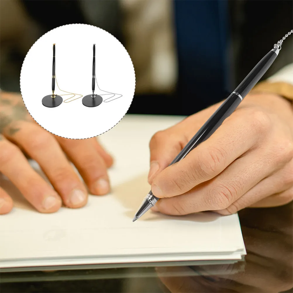 2Sets Neutral Ballpoint Pen Black 0.5mm Metal Chain Attached Base Stand Office Desk Reception Signature Guest Book Signing Pen