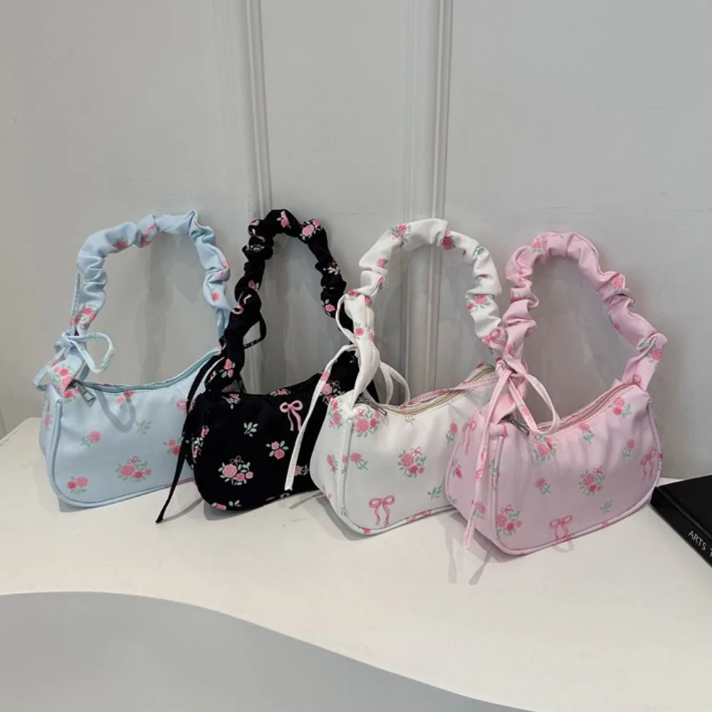 

Simple Ruched Flower Pleated Underarm Bag Sweet Handle Nylon Handbag Trendy Bowknot Floral Shoulder Bag Girls