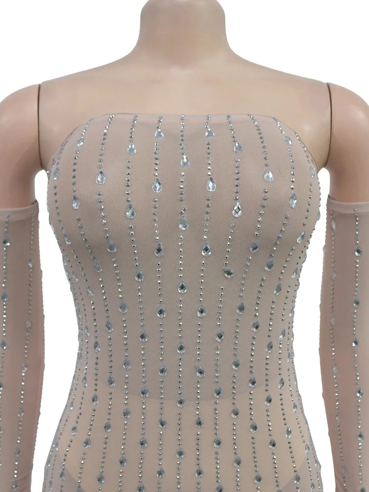 Kricesseen Abiti da festa con strass a rete trasparente da donna con guanti Abiti da sera in cristallo glamour Abiti da festa Clubwear