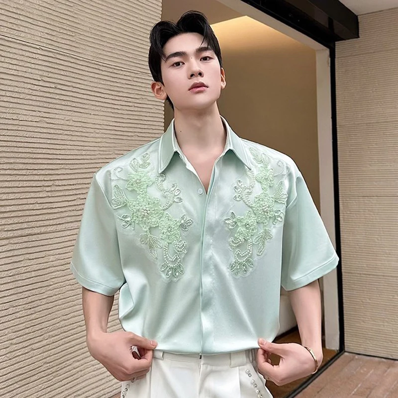 WTHT Fashion Men's Heavy Industy Beads Flower Embroidery Shirts Trendy 2026 Summer Lapel Long Sleeves Tops Male 2A3112
