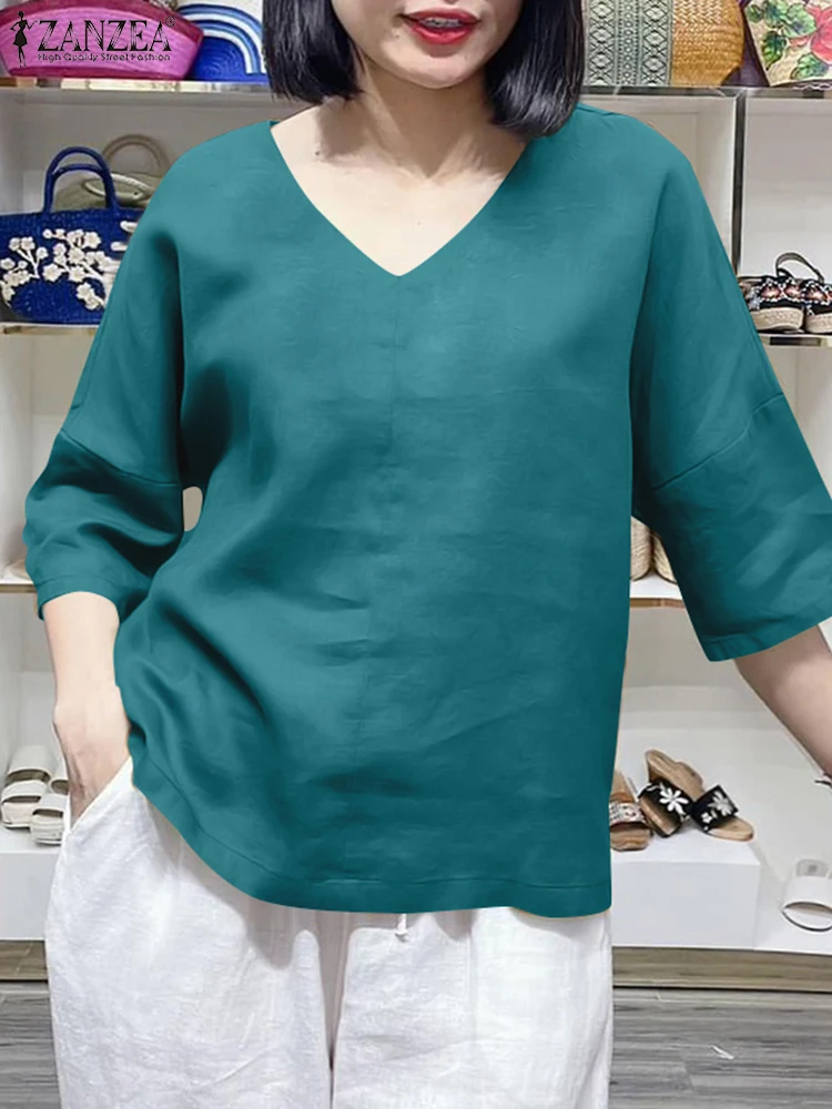 

ZANZEA 3/4 Sleeve 2025 Summer T-shirts Everyday Wear V Neck 100% Cotton Casual Blusas Mujer Solid Color Women's Vintage Blouses