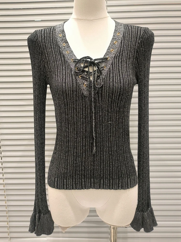 Retro shiny silk cross tie V-neck flared sleeve knitted sweater 2026 autumn women's fashion versatile elastic slim fit pullover