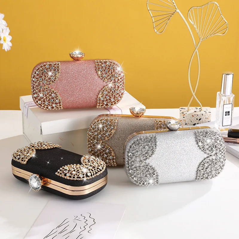 Hollow Out Diamond Evening Purse Ladies Mini Glitter Crystal Rhinestone Dressed Hand Bag Women Wedding Party Clutch Gold XA828H