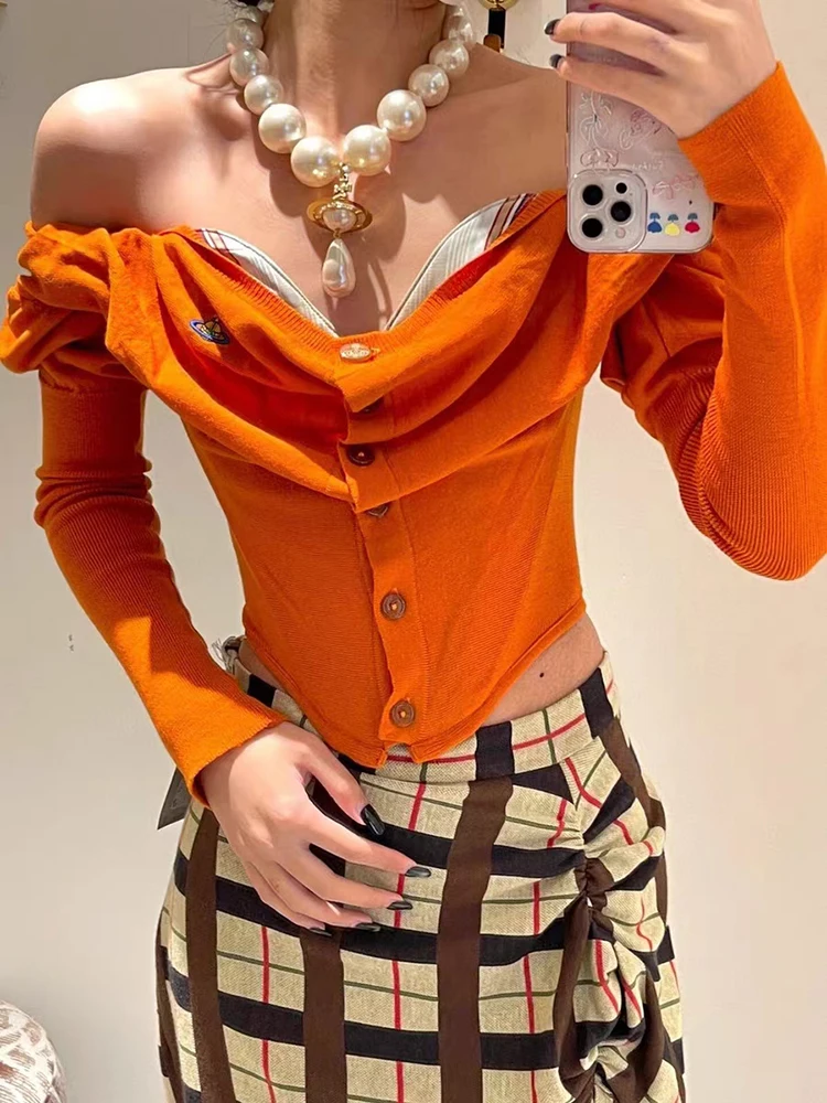 TWOTWINSTYLE Hit Color Patchwork Ruffles Slimming Sweater For Women Slash Neck Long Sleeve Spliced Single Button Sweater Female