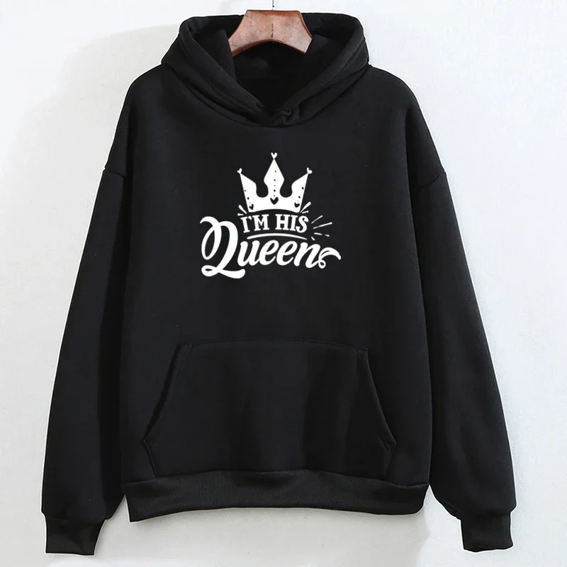 Matching Couples Sweatshirt I’m Her King I’m His Queen Graphic Women Sweater Long Sleeve Print Matching Outfit for Couples Hoody