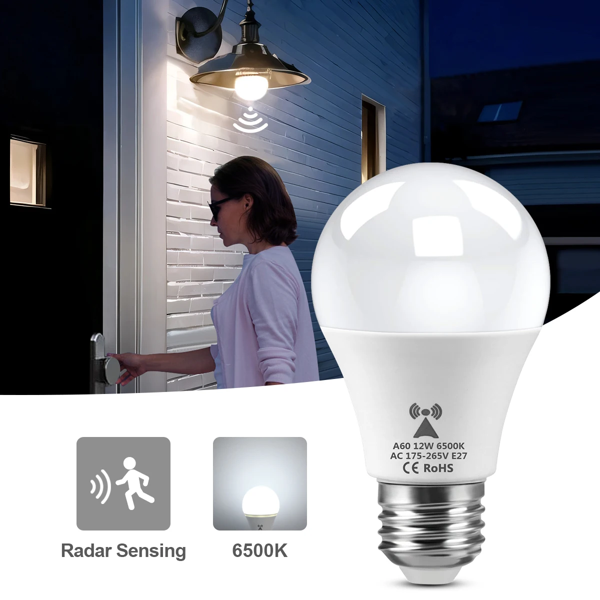 12W E27 LED Radar Bulb 220V Radar Human Body Sensor Lamp Doorway Courtyard Balcony White Light Smart Auto On/Off Night Light