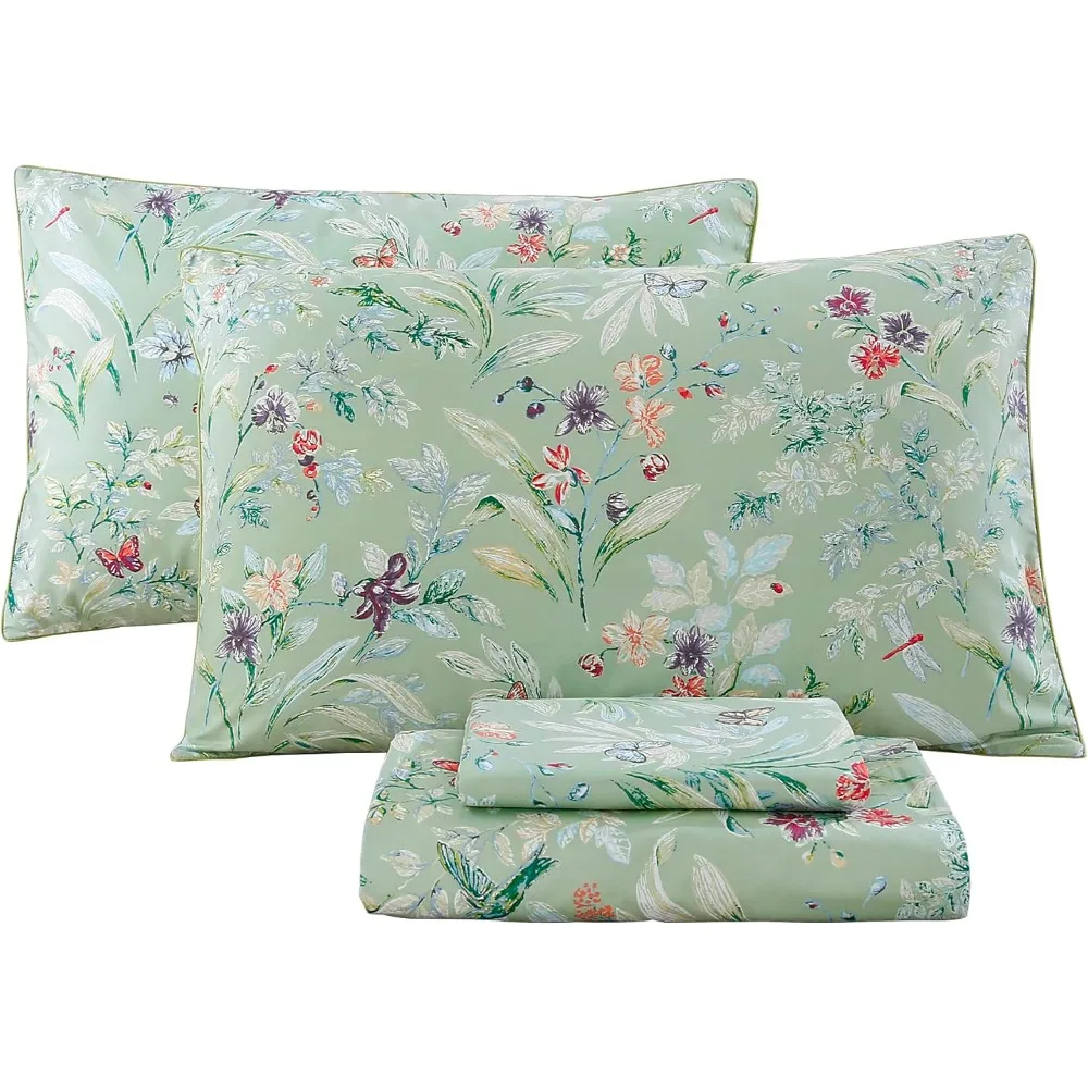 

Sage Green Queen Size Egyptian Cotton Silky Cooling 4-Piece Floral Bed Sheet Set with Wrinkle Resistance