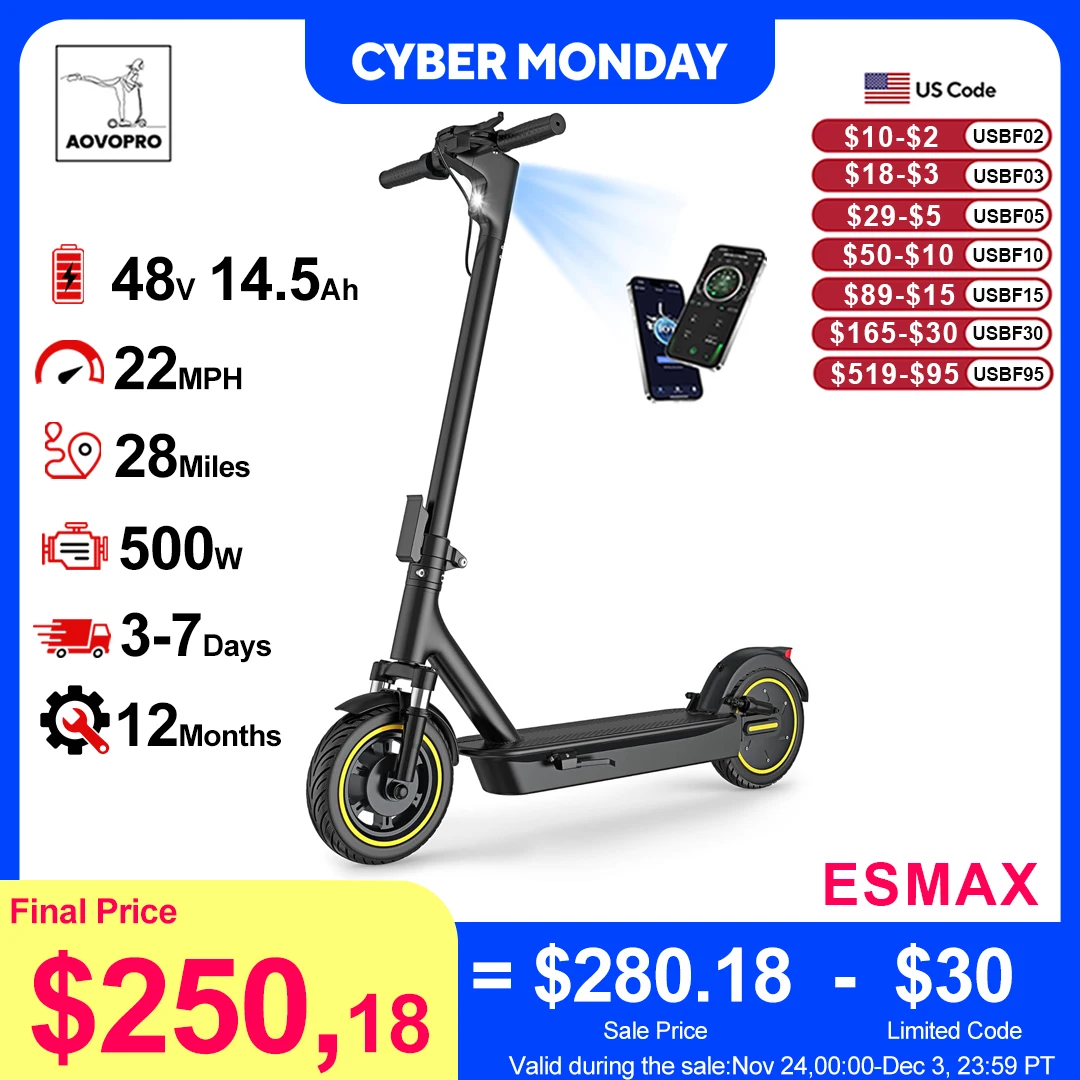 

AOVOPRO ESMAX Electric Scooter 500W 22mph Adult APP Smart Scooter 28miles Shock-absorbing Anti-skid Folding Electric Scooter