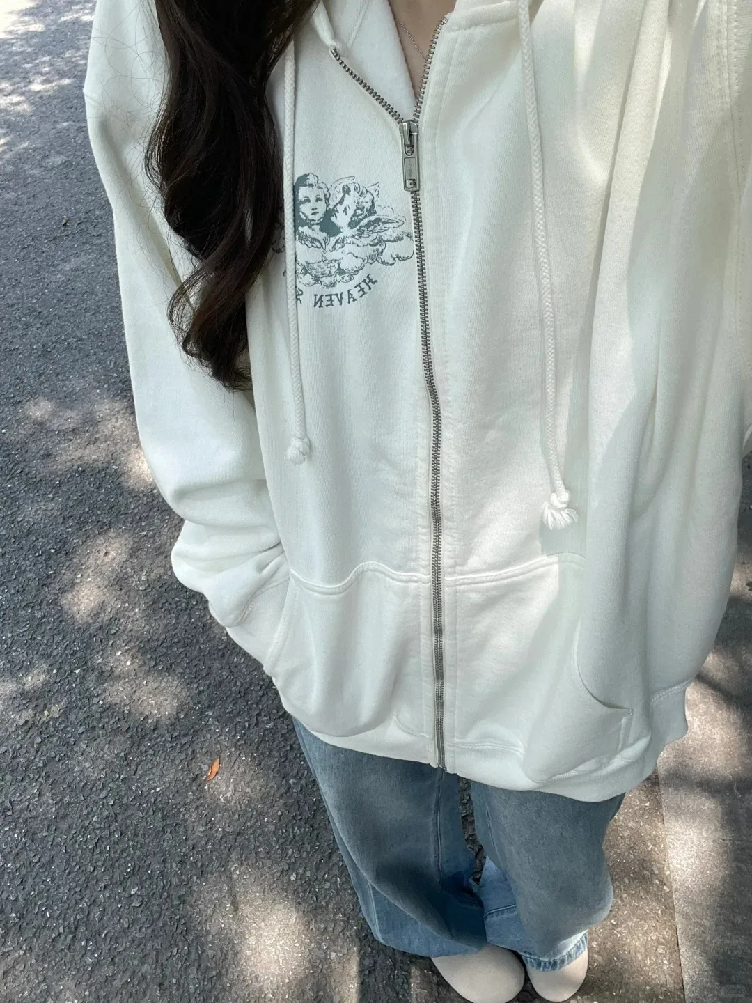 Vintage Zip-up Sweatshirts Tops Women White Cotton Casual Drawstring Pocket Pullover Coat Preppy Style Oversized Hoodie Y2K