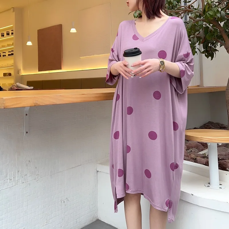 Plus Size 5XL 150KG Women Summer Dot Print Dress Female Oversized O Neck Modal Dresses Pullover Large Size Soft Dress