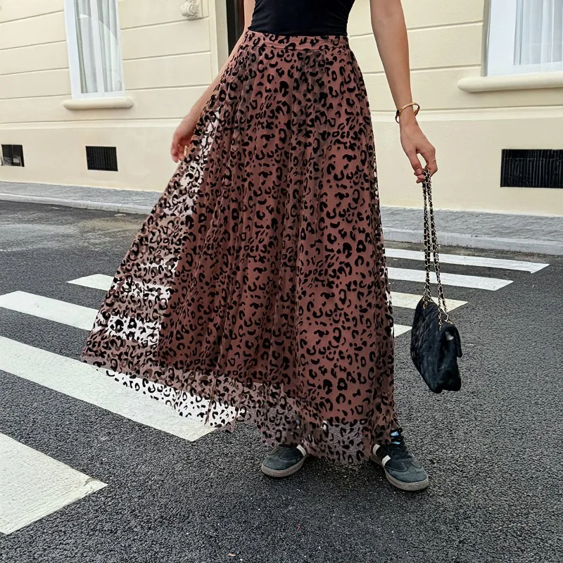 Y2K Leopard Print Long Skirt Skirt Women's Autumn and Winter Elastic Waist Mesh Loose Skirt