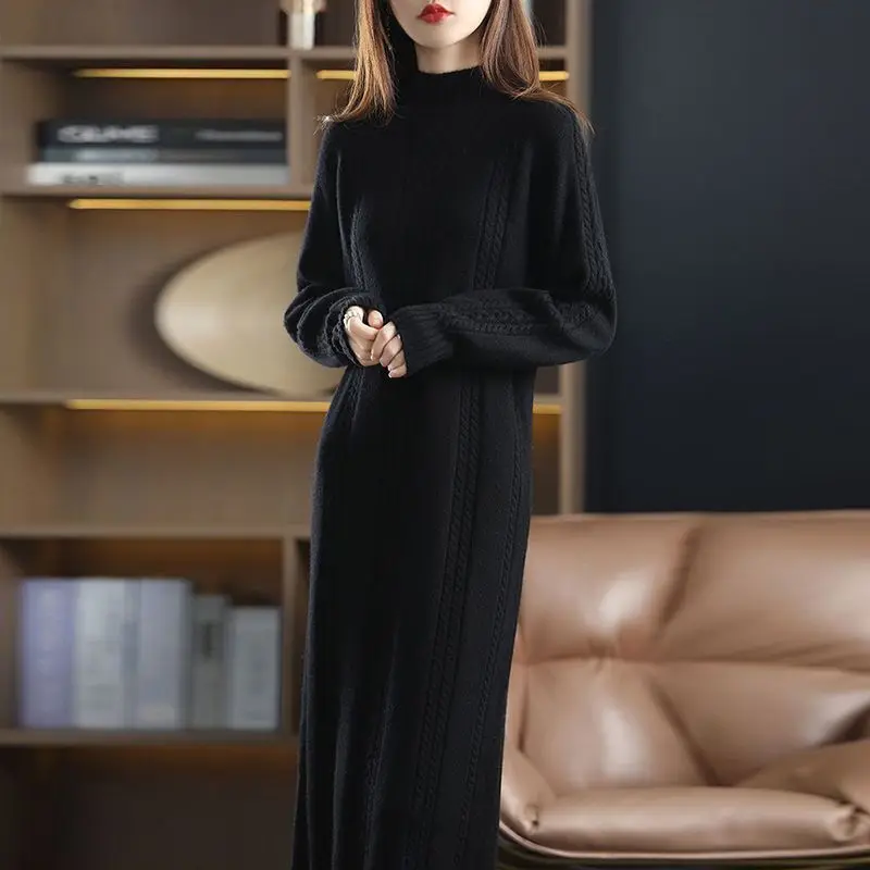 Women Over Knee Sweater Dress Half Turtleneck Long Knitted Pullover Solid Loose Winter Fall Casual Midi Dress