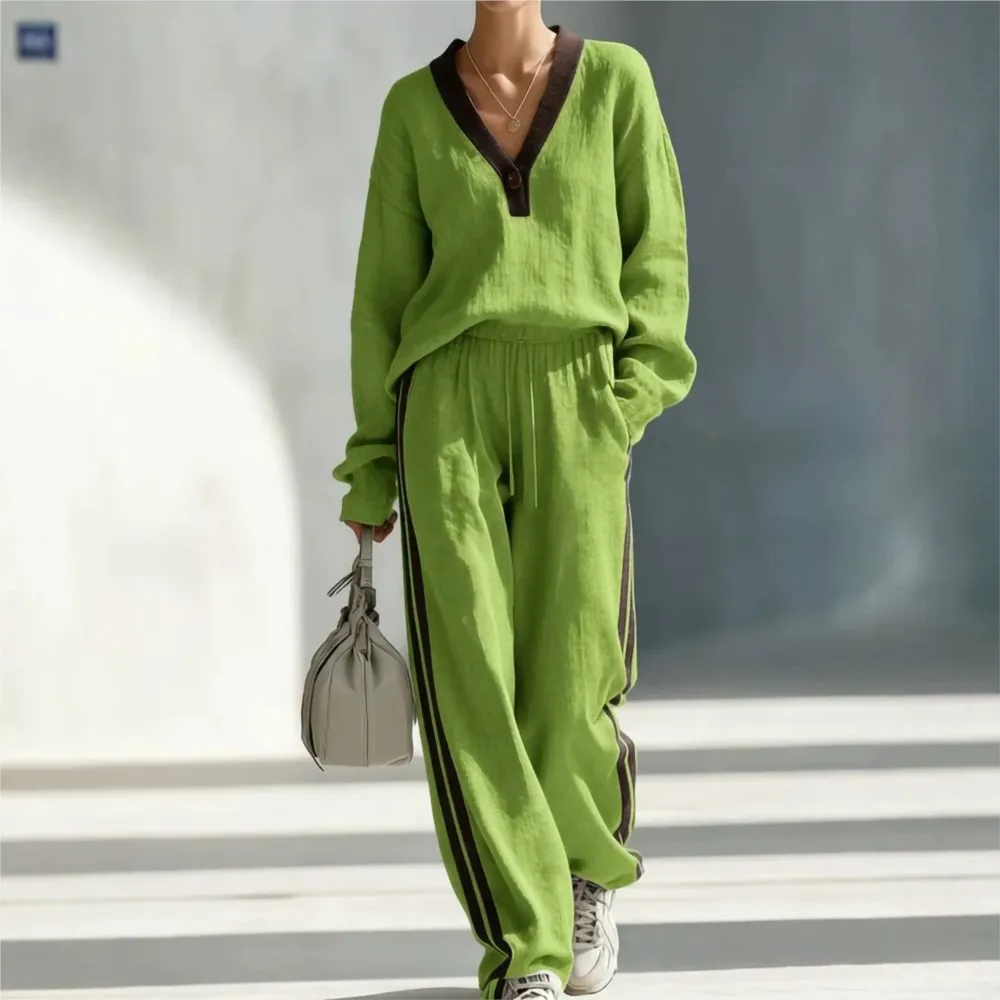 Fashion Color Block Striped V-neck Long-sleeved Shirt Women's Suit Autumn New Casual Loose Sports Pants Female 2 Piece Set 2026