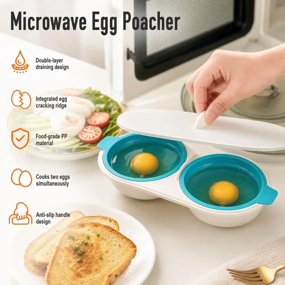 Creative 2/4 Cavity Eggs Poacher, Food Grade Pans Double Cup Egg Boiler Egg Cooker Microwave Egg Poacher with Lid Kitchen Tools