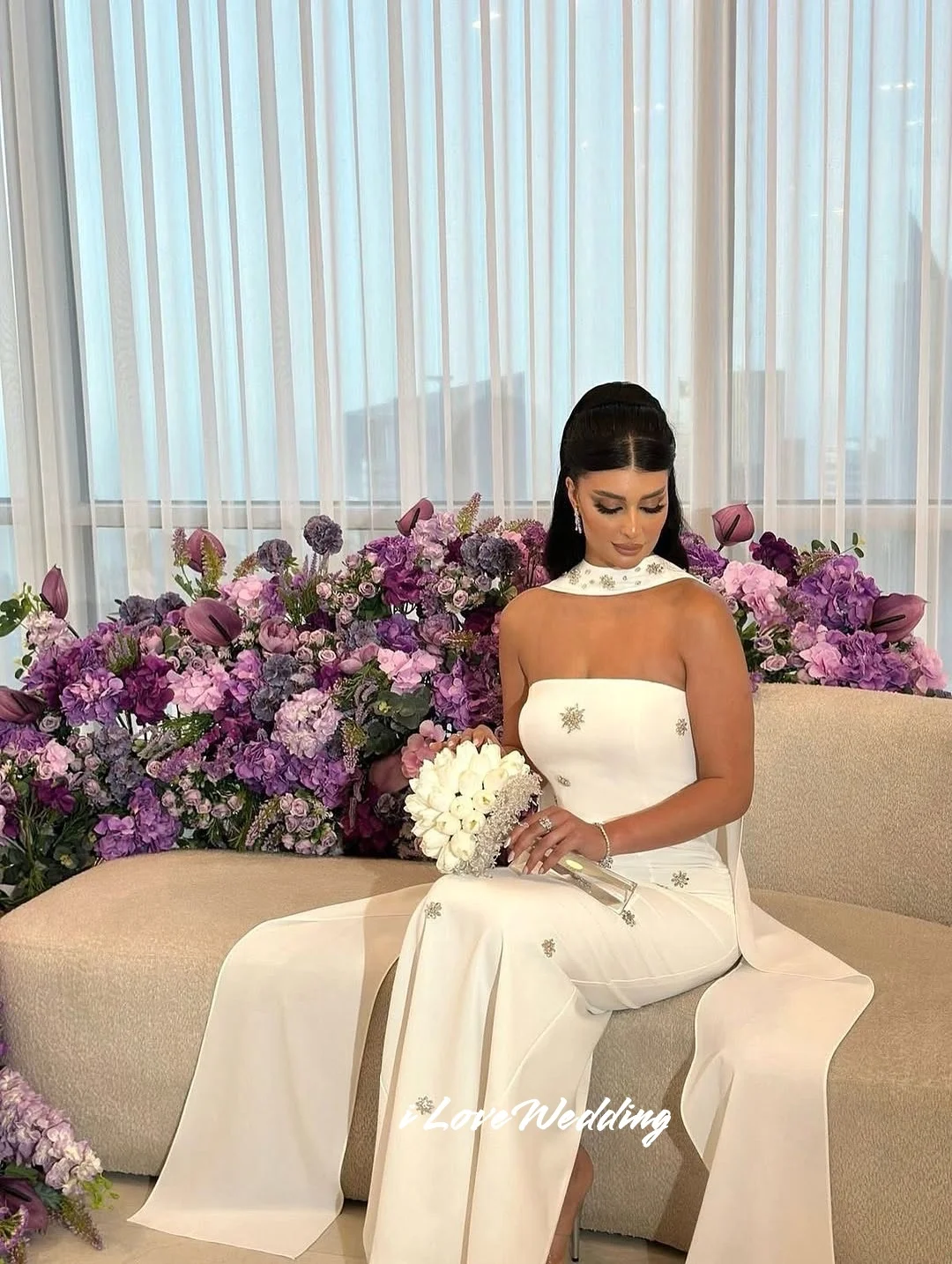 White Strapless Evening Dresses 2025 Sleeveless Flower Crystal Mermaid Prom Dress Floor-Length Wedding Party Dresses Customized
