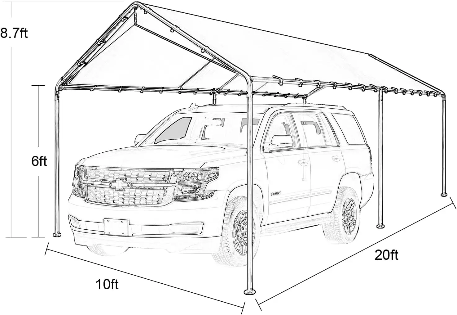 Outdoor Heavy Duty Carport 10 X 20 Ft, Car Canopy with Three Reinforced Steel Cables - Grey (Light Grey)