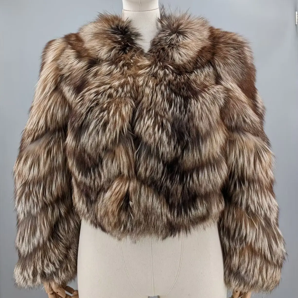 Women Classic Brown Real Patchwork Fox Fur Mid Coat Wide Lapel Open Front Fluffy Light Luxury Winter Layering Fur 25A0405