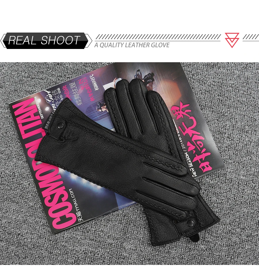 New Women's Genuine Leather Winter Warm Women's Soft 70% Wool Lining Rivet Buckle High-Quality Connected Finger Gloves