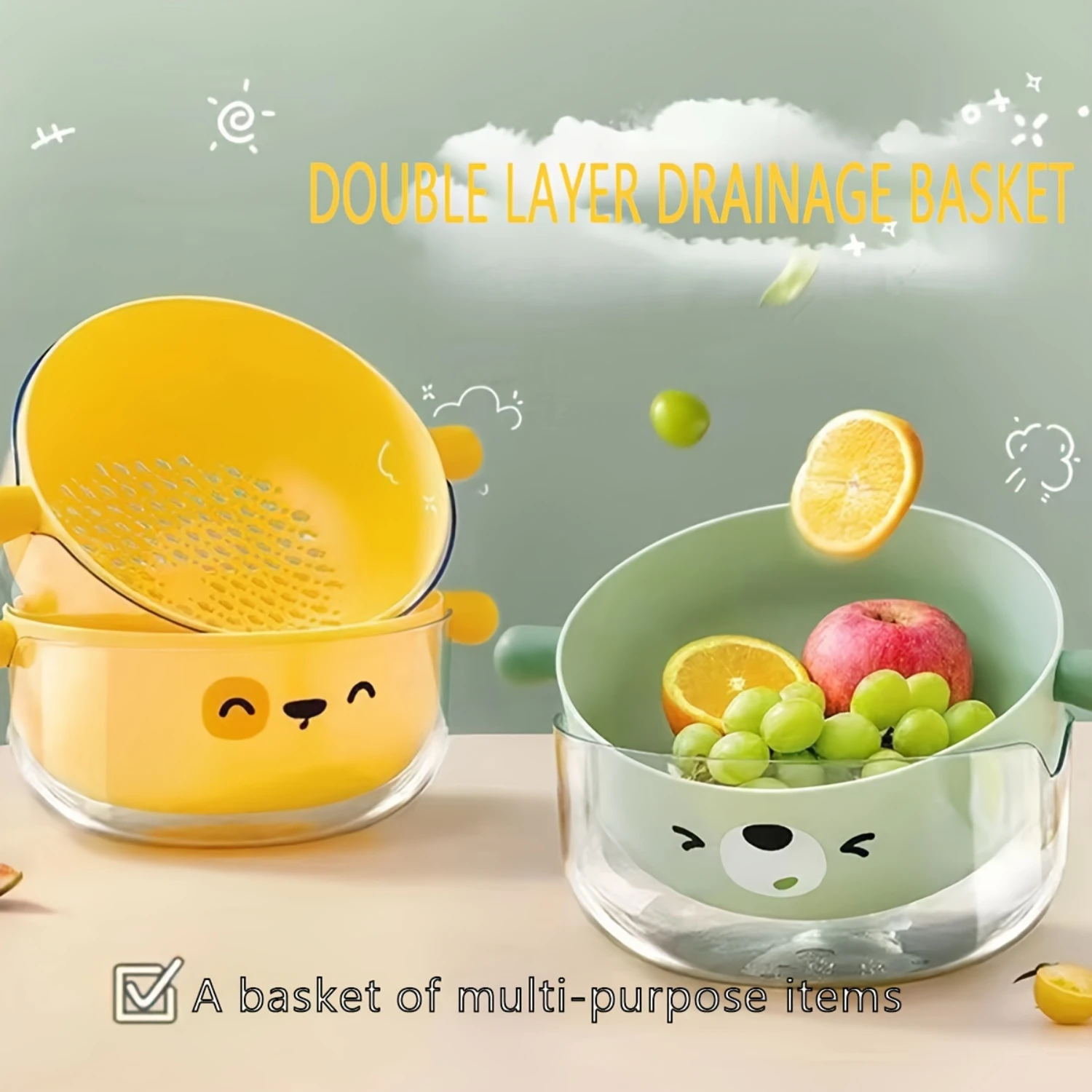 1Pc Multi-Functional Double-Layer Drain Basket - Thickened Plastic, Perfect For Washing Fruits & Vegetables, Ideal Kitchen Acces