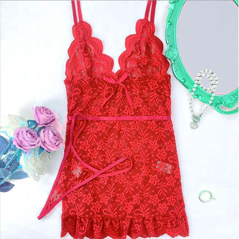 Women Sexy Lace Nightwear Suits Transparent Short Dress+Thongs Sheer Lace Erotic V-neck Nightdress Sets