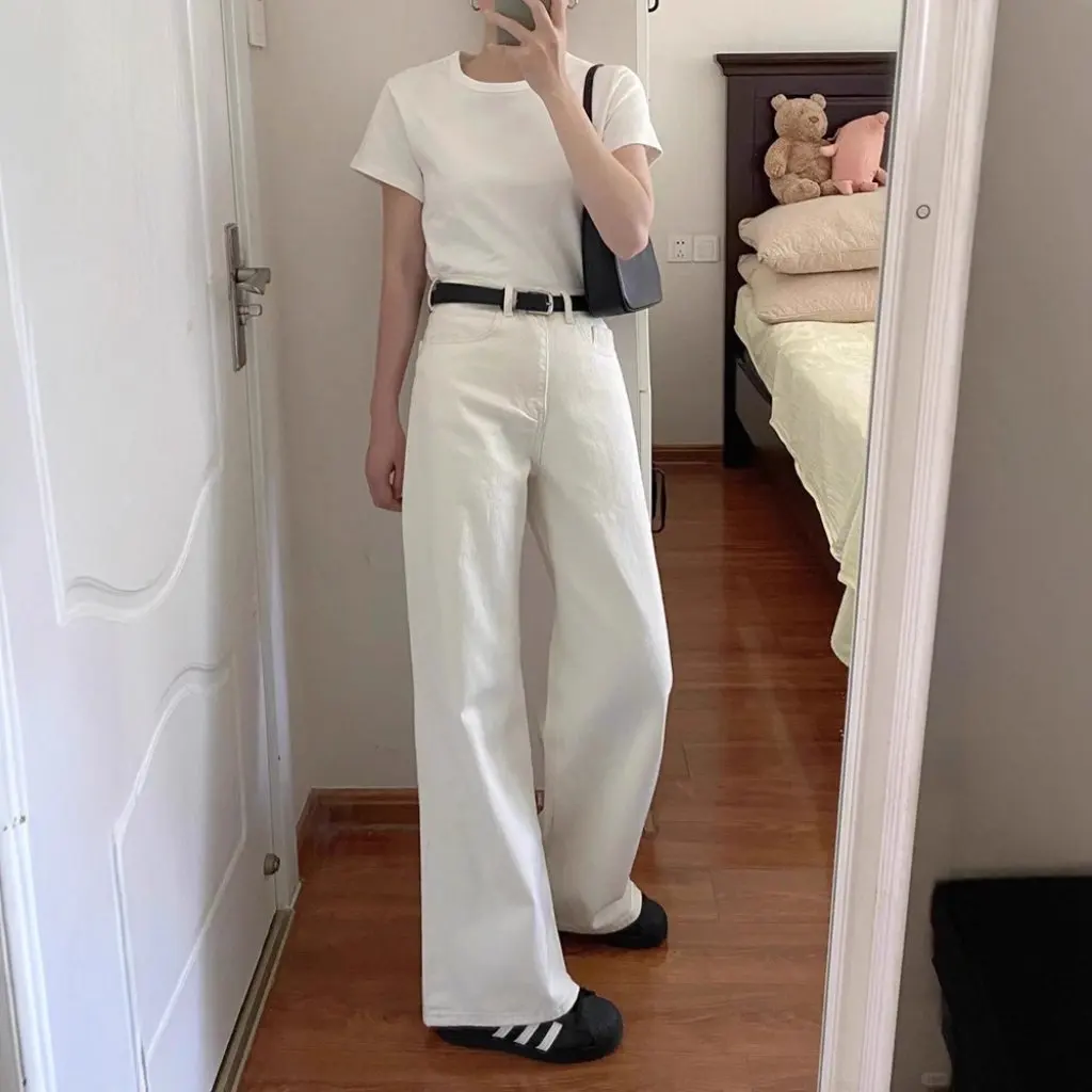 Женские белые прямые джинсы с высокой талией, облегающие весенне-осенние новые широкие брюки, свободный узкий стиль