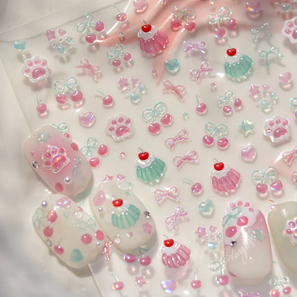 

5D Pudding Jelly Dessert Fruit Cherry Pink Claw Print Bowknot Tie knot Love Heart Stars Nail Art Sticker Adhesive Manicure Decal