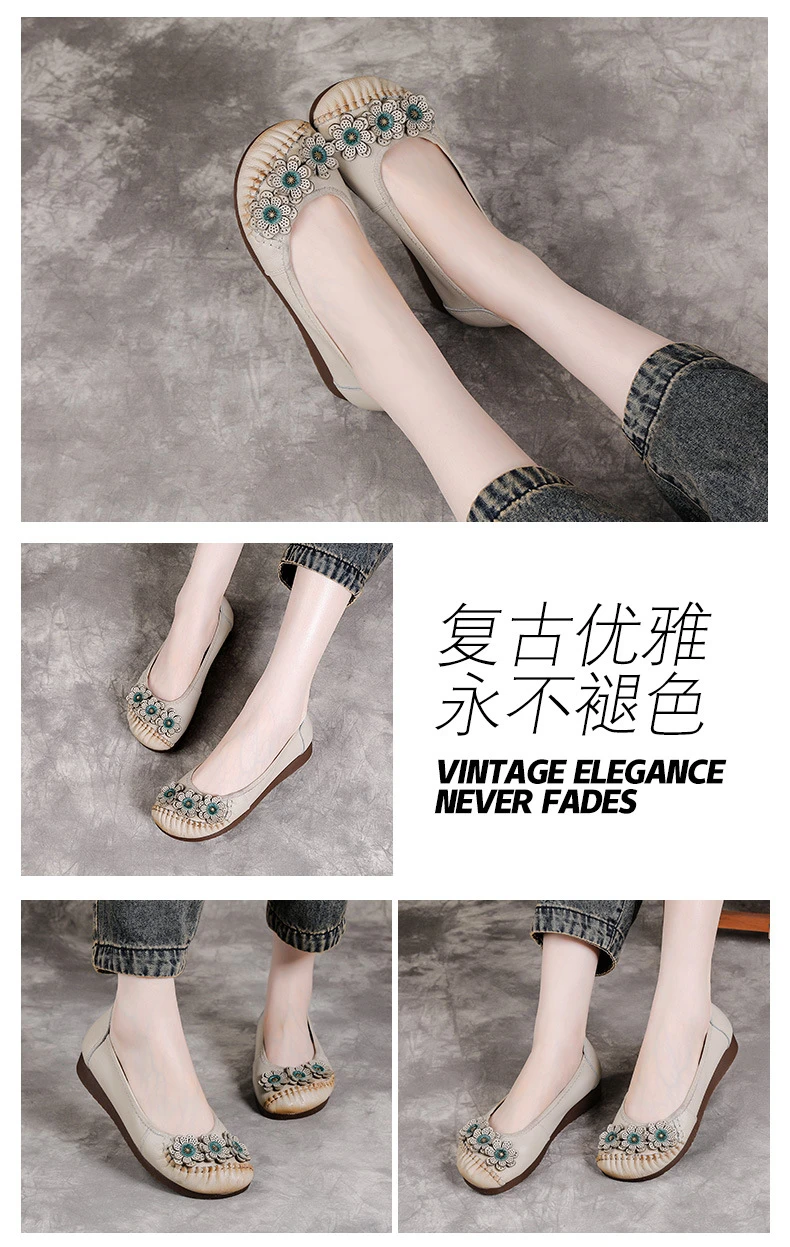 Boho Vintage Echtleder-Ballerinas für Damen, Blumenmuster Slip-On Fahr-Mokassins, Weiche Ethnische Retro-Schuhe, Flache Schuhe für Mütter – Detail 9