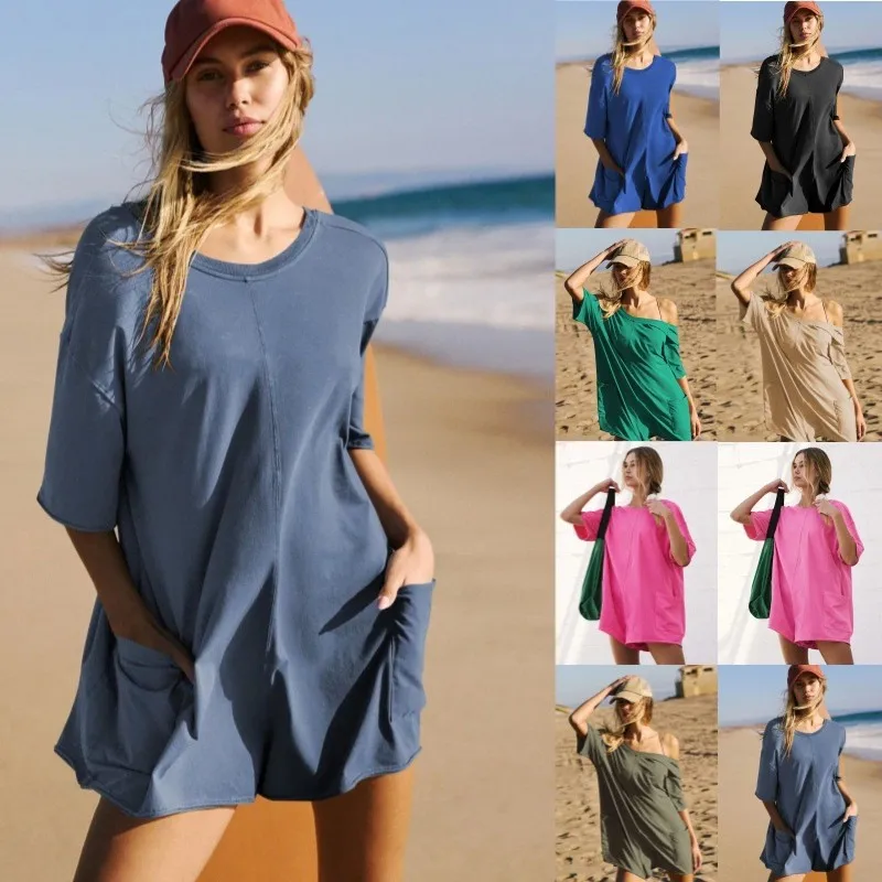 Casual V Neck Loose Fit Romper with Cap Sleeves Printed Cropped Pants Girly Fresh Sweet Summer Jumpsuits and Rompers for Women