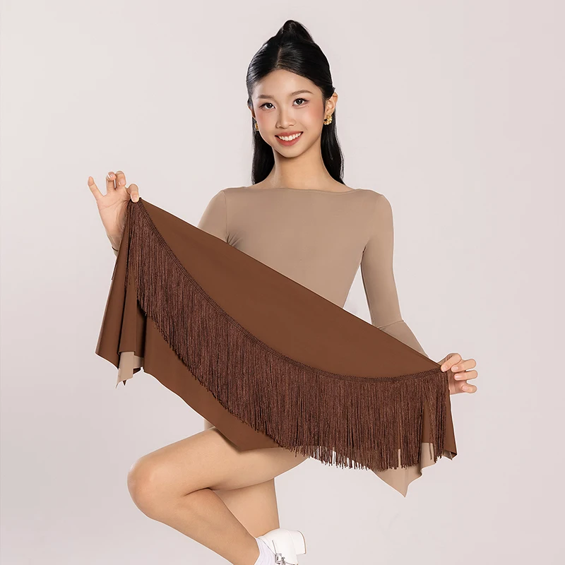 New Girls Latin Dance Clothes Skin Color Leotards Double Side Skirts Tassel Hip Scarf Long Sleeves Kids Practice Dresses BL17735