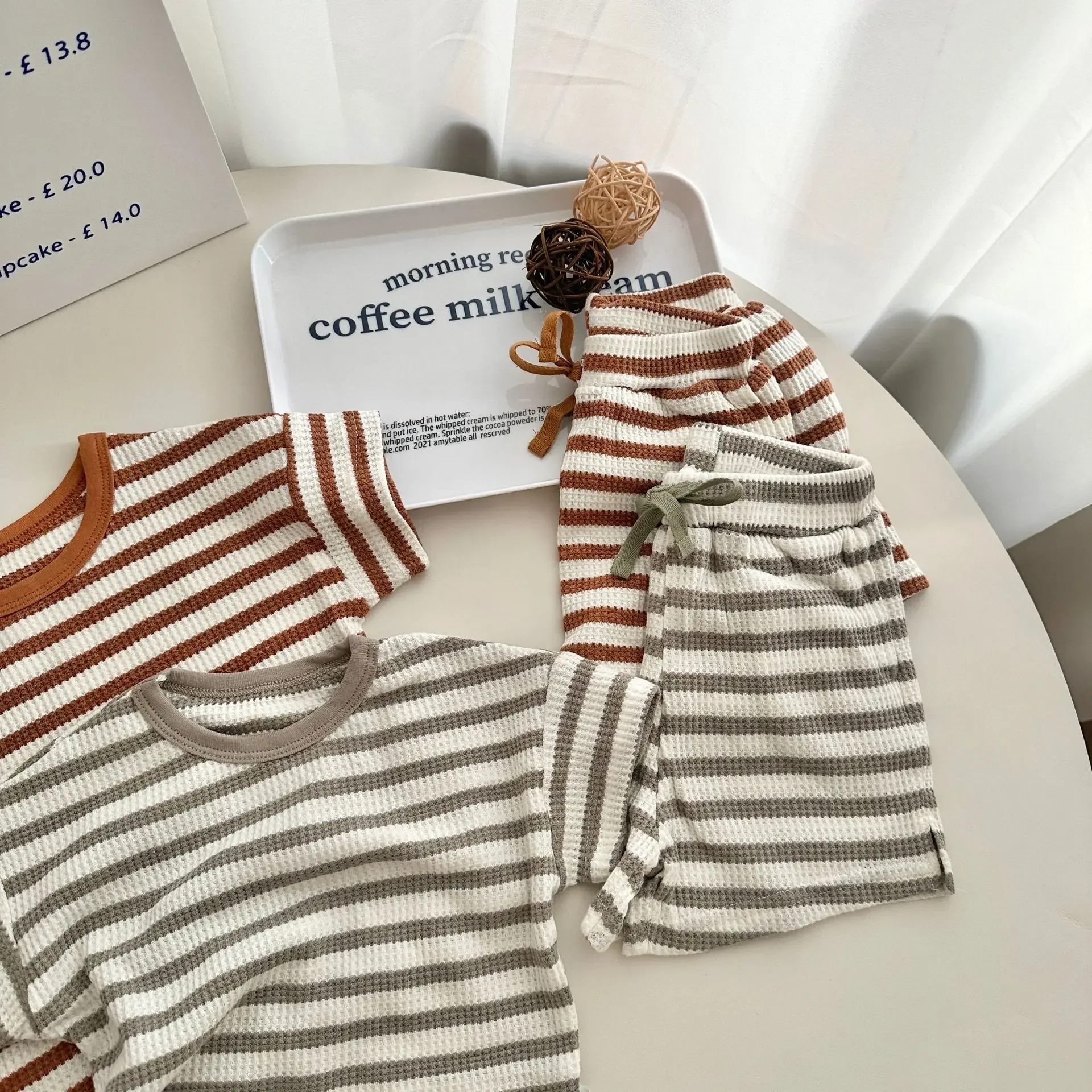 2024 Summer New Baby Short Sleeve Clothes Set Toddler Girl Casual T Shirts + Shorts 2pcs Suit Kids Boys Waffle Striped Outfits