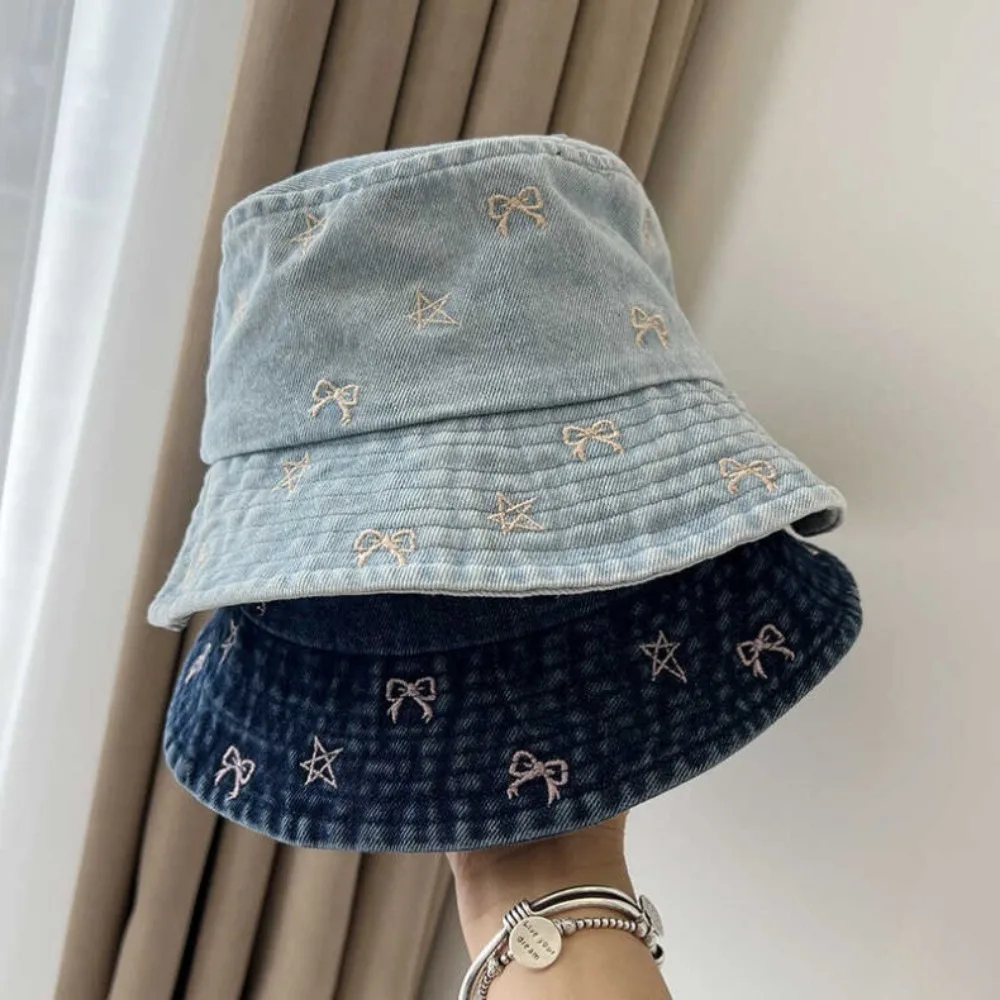 Korean Version Sweet Star Bow Embroidered Bucket Hats Women Spring and Summer Fashion Versatile Sunscreen Retro Denim Caps