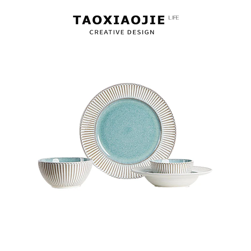 Retro Feel Relief Ceramic Dinner Plate Set Blue White round Steak Dinnerware Set for Home Use And Commercial Use