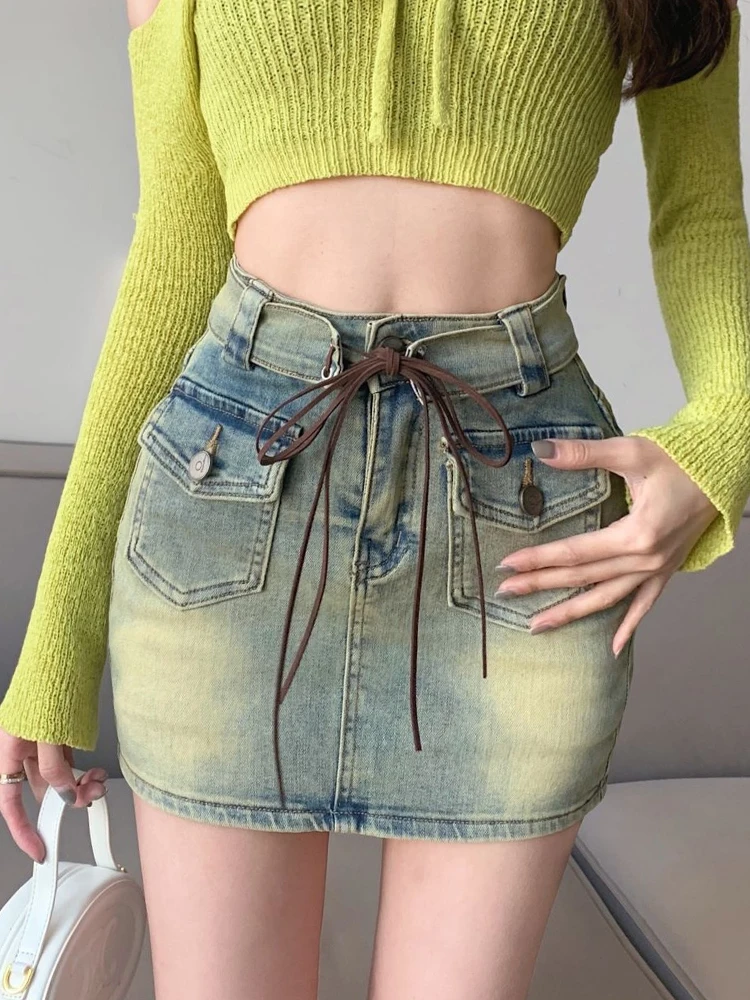 

Summer Vintage Denim Short Skirt For Women Fashion High Waist A-line Mini Skirt Korean Style Y2k Bandage Jeans Skirts