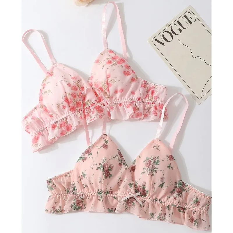 Sexy Lingerie Mens Gay Underwear Sets Sweet Sissy Bra Briefs Set Floral Printing Men Convex Pouch Panties Erotic Hombre Man Bras