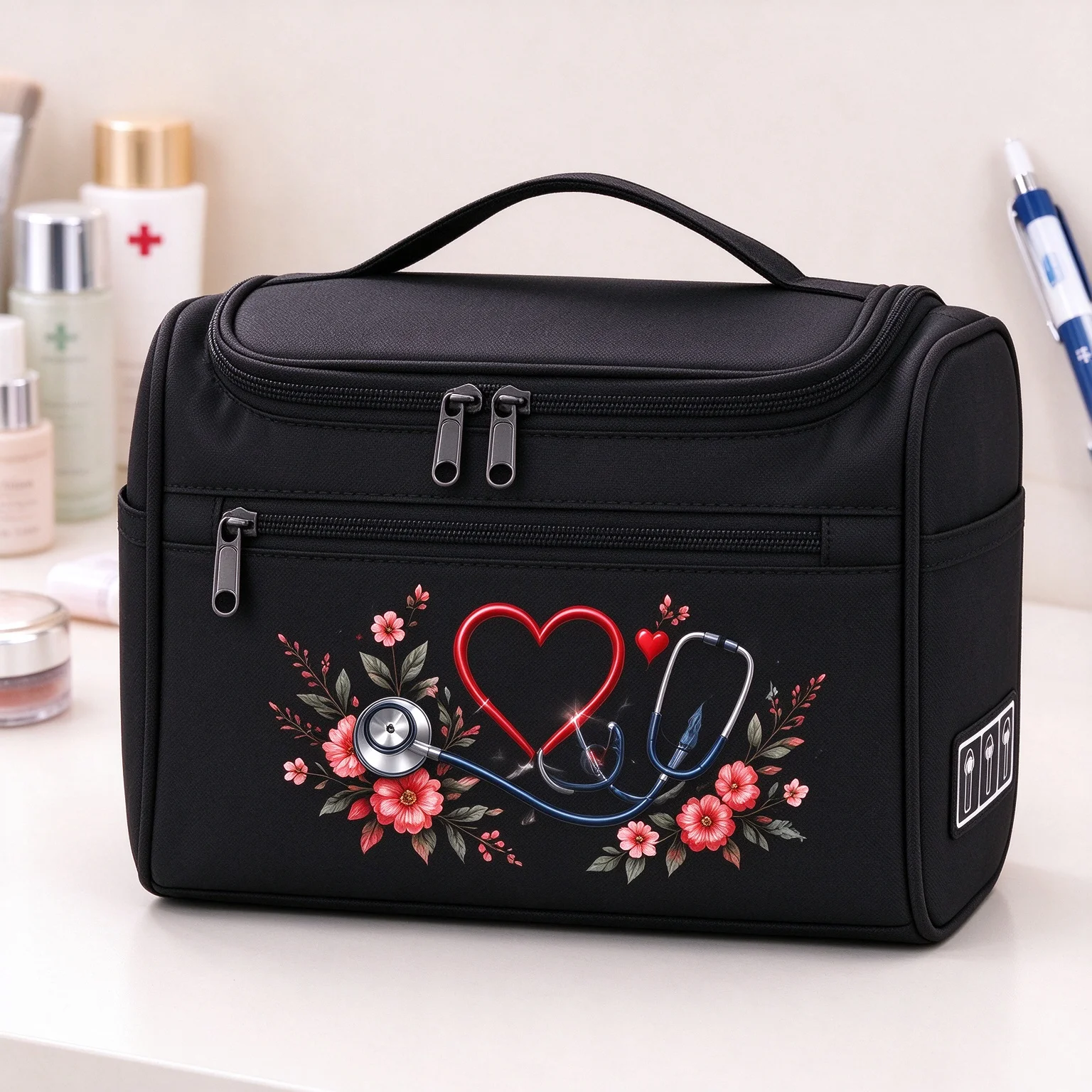 Toiletry Bag Floral Heart Stethoscope Print Travel Makeup Bag Portable Cosmetic Organizer for Nurse Medical Worker Gift