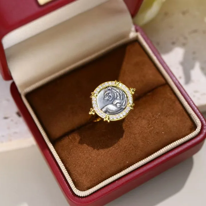 اليونانية القديمة محفورة الأسد مزدوجة الجانبين الرومانية عملة خاتم 925 فضة اليدوية 2 في 1 فنجر الفرقة/قلادة طبق الاصل مجوهرات #3