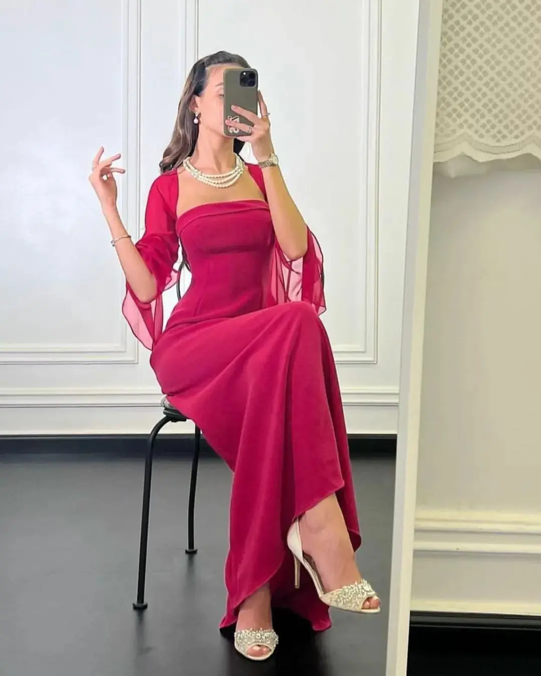 

Prom Dresses For Women 2023 Strapless With Cape Long Sleeves Ankle-Length Arabia Vestidos De Graduation Robes De Soirée