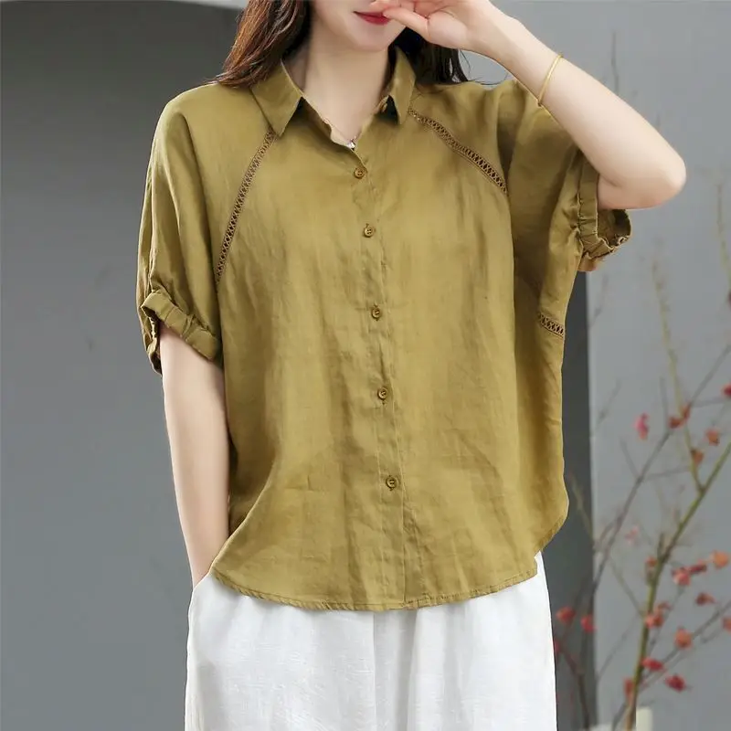 Katoenen Linnen Shirts Vrouwen Losse Artistieke Korte Mouwen Shirt Casual Revers Effen Kleur Dunne Oversized Blouses Zomer Trendy Shirt