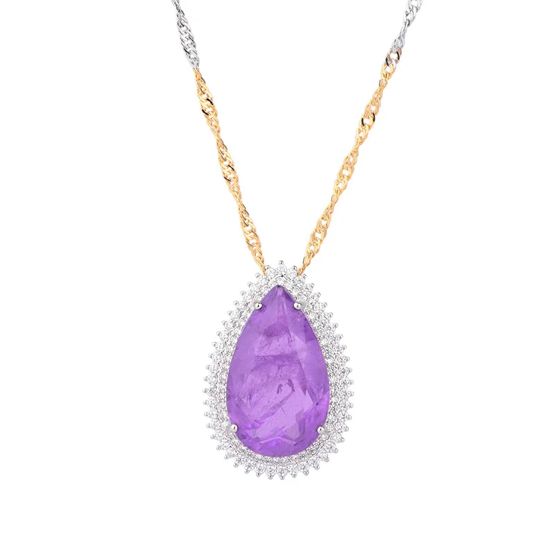 Retro Luxurious Purple High Carbon Diamond Water Droplet Pendant Aesthetic Necklaces Ripple Chain Fashion Women's Jewelry Gift