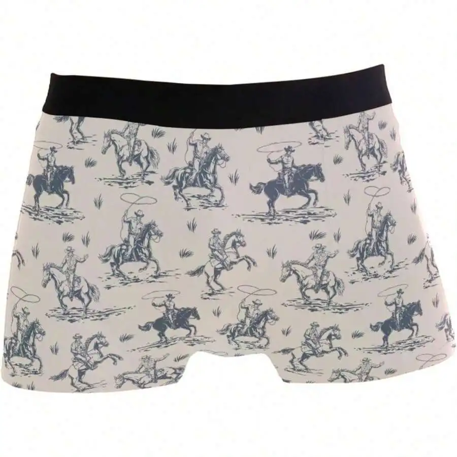 

Mens Blue Western Cowboy Horse Lasso Print Boxer Shorts Stretch Soft Polyester Briefs