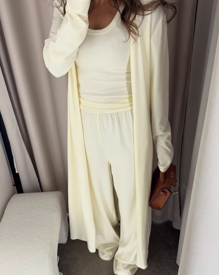 Elegant Women's 3-Piece Set Solid color tank top loose wide leg pants set long sleeved long cardigan jacket pants set woman set