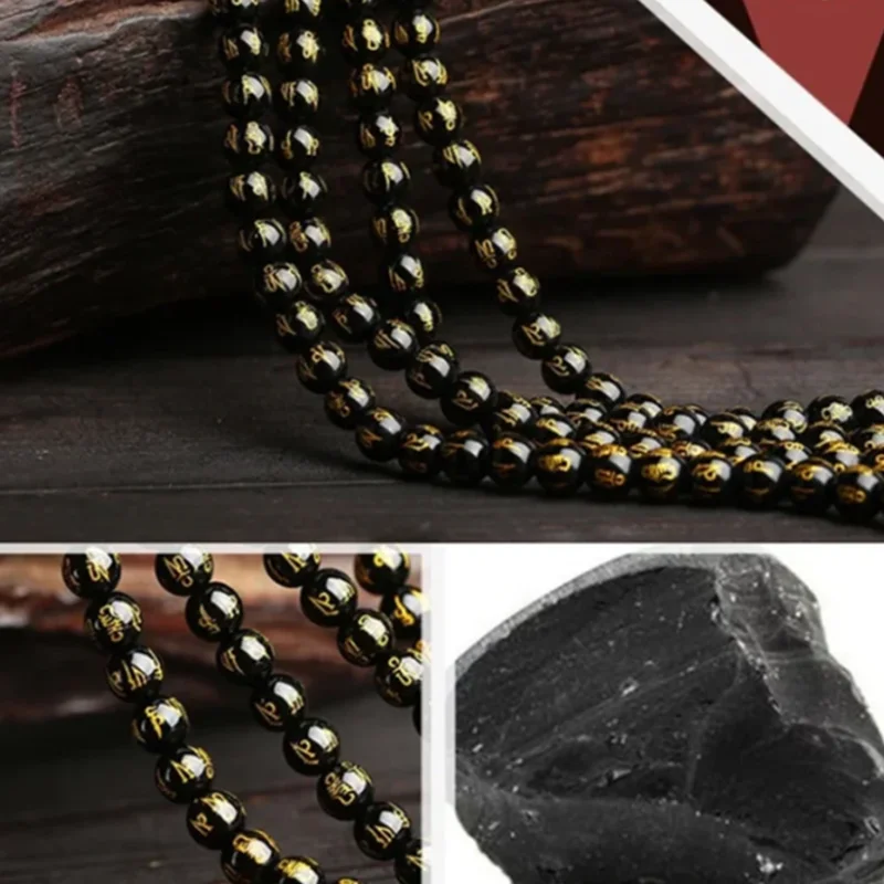 Feng Shui Gift Six Word Mantra Obsidian Stone Round Loose Beads Bracelet for man and women Handmade good Lucky Amulet Jewellery