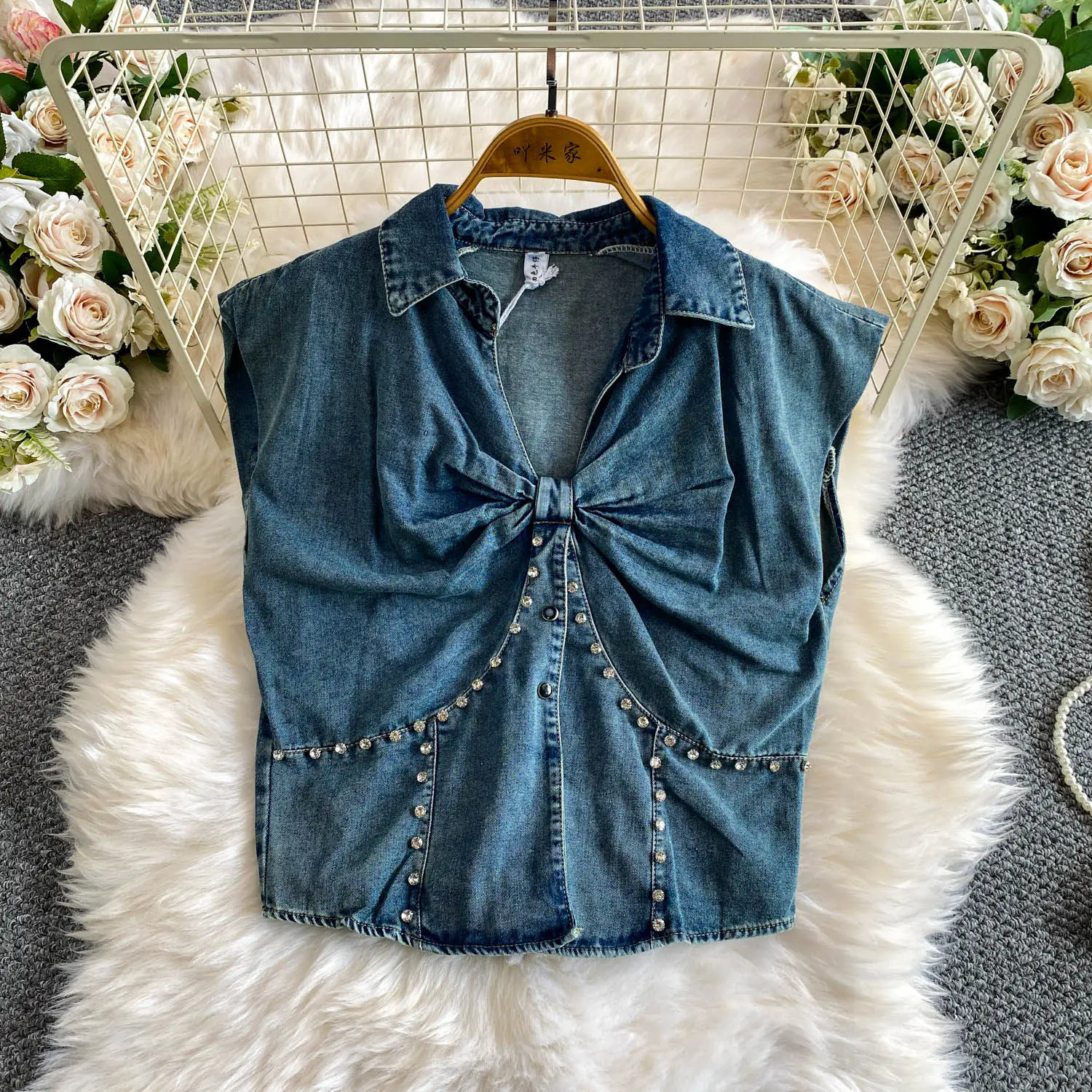 Diamond-mounted Bow V-neck Denin Jacket Summer American Style High Street Slim Coats Fashion Blue Sleeveless Versatile Tops