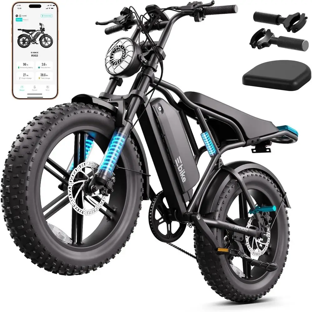 

1500W Peak Electric Bike, 20 x 4.0 Tires, 48V 15Ah Battery, Dual Suspension, Disc Brakes, LCD & APP Control, UL 2849 Certified,